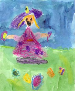 Piękny kolorowy rysunek szczęśliwej dziewczynki przedstawia królewnę na łące